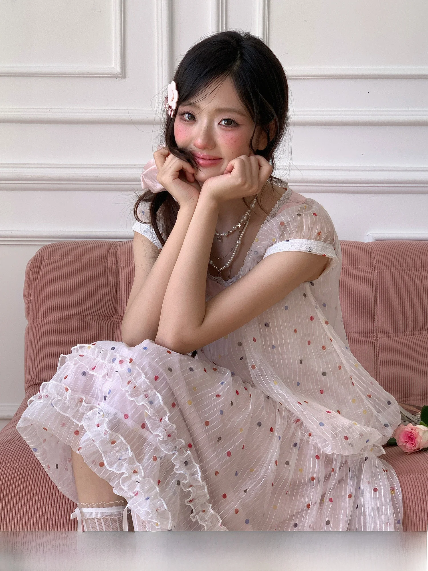 Summer Women's Lace Splice Polka Dot Bubble Sleeve Top And Half Skirt Set Floral Print Breathable Polyester Nylon Fabric