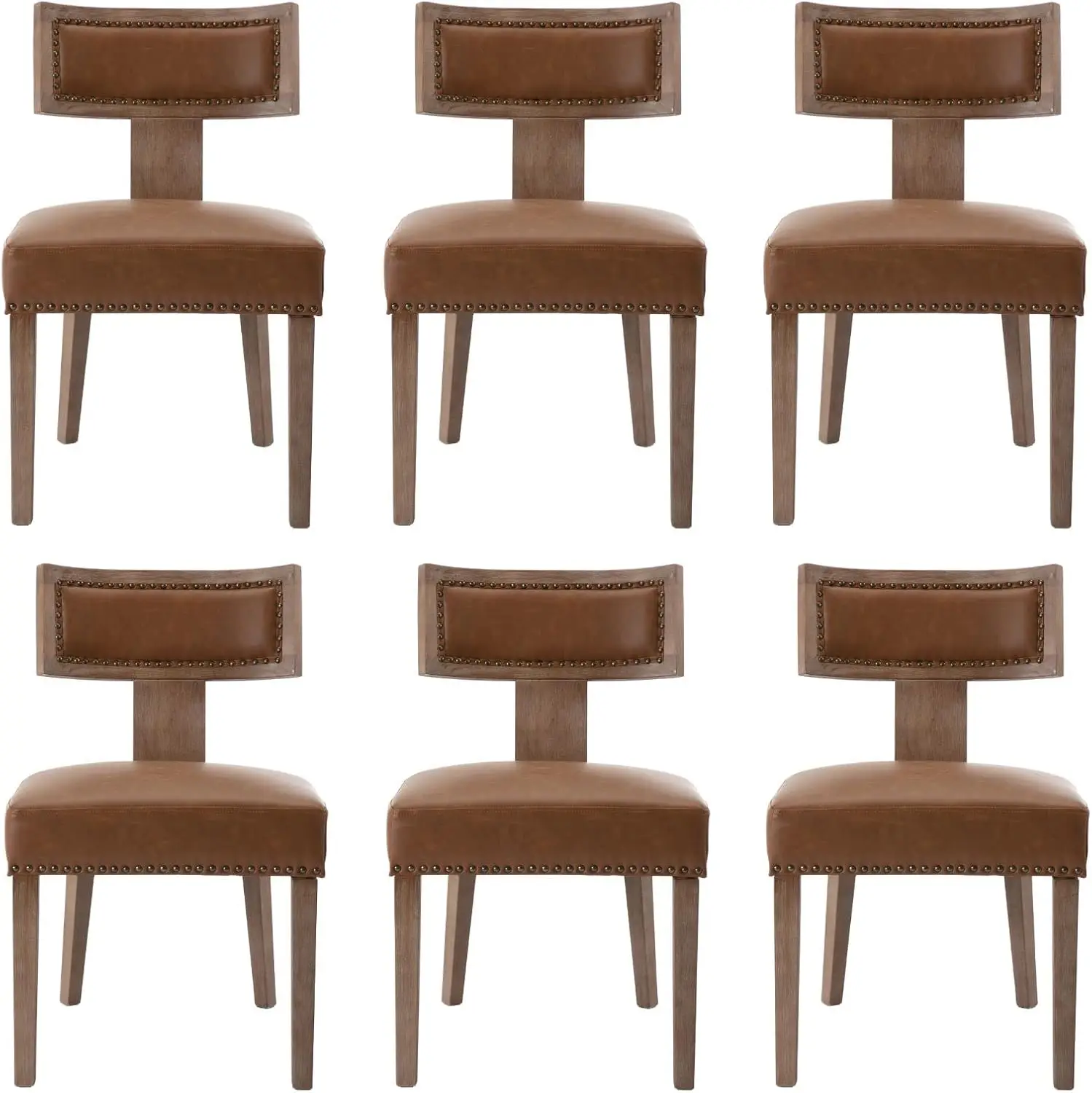 

Mid Century Modern Dining Chairs Set of 6 Farmhouse PU Leather Upholstered Accent Chairs Curved Nailhead Trim Backrest Brown