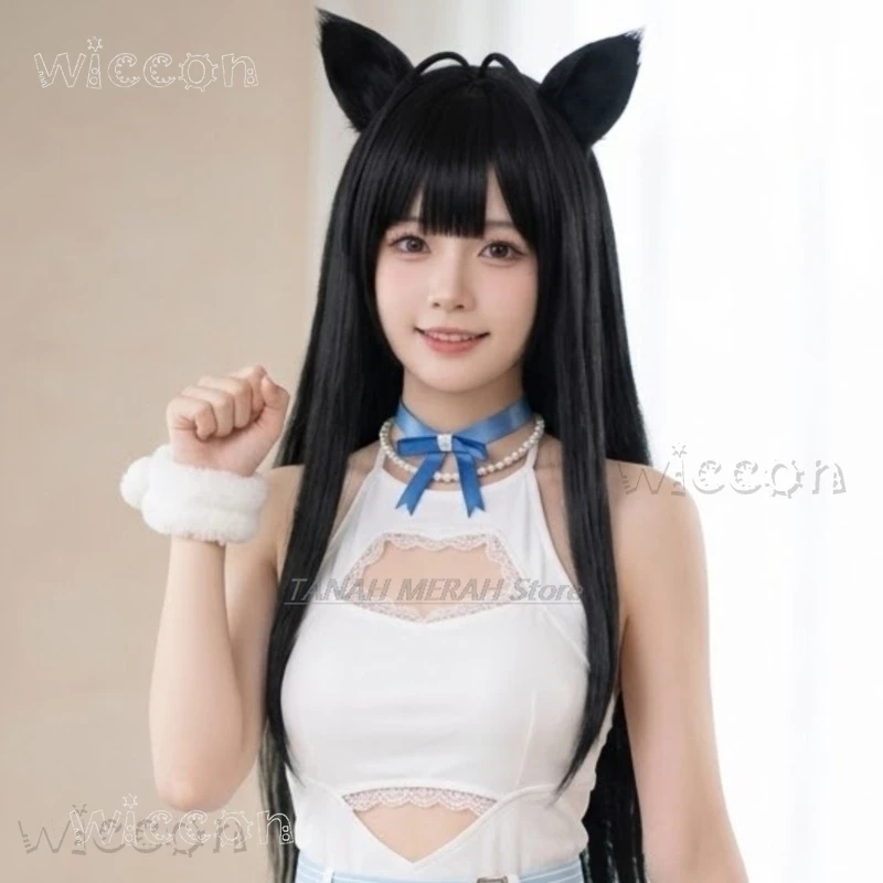 Halloween Cosplays Godgirl Victory Mint Black Long Straight Wig – Cat Earwear Idol Synthetic Hair