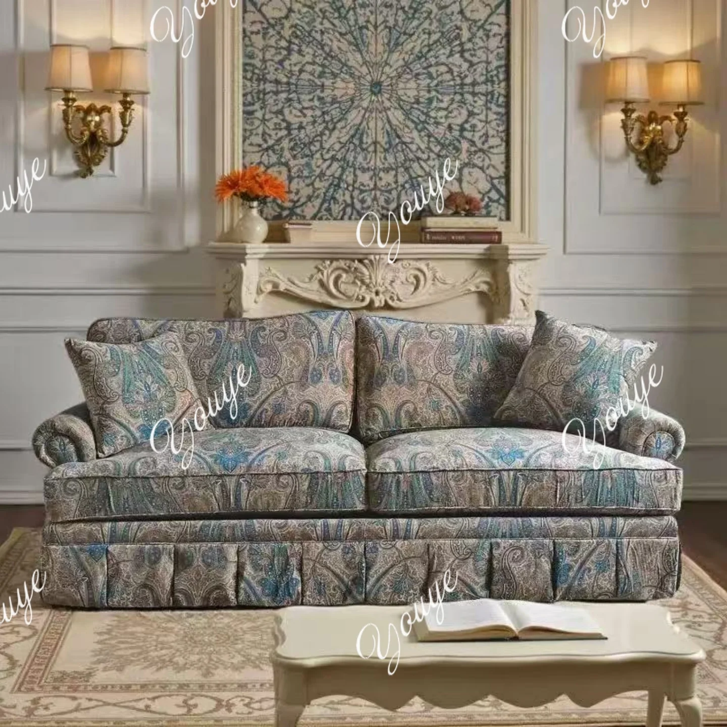 Sofá retro de estilo americano y británico para sala de estar, dormitorio, tela francesa de madera maciza, villa de alta gama, respaldo alto