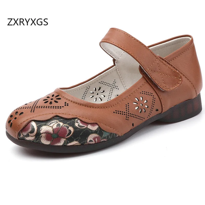 ZXRYXGS 2026 Top Cowhide Printing Spell Color Women Fashion Shoes Flat Spring Summer Breathable Shoes Hollow Flats Large Size