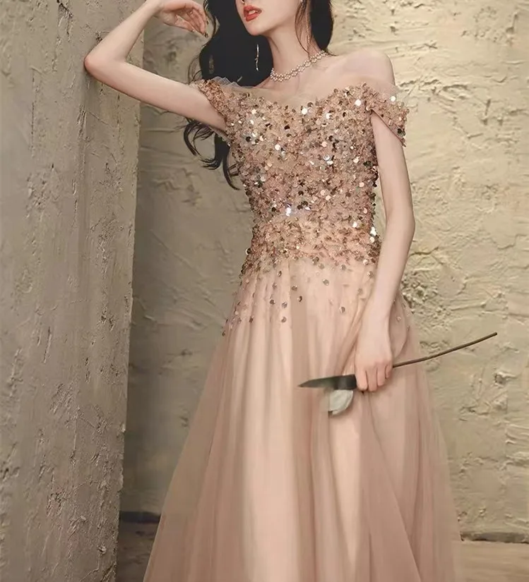 Abiti da sera di lusso in oro champagne A-Line con spalle scoperte Perline Paillettes Abiti da cerimonia lunghi per cerimonia formale da sposa 2025