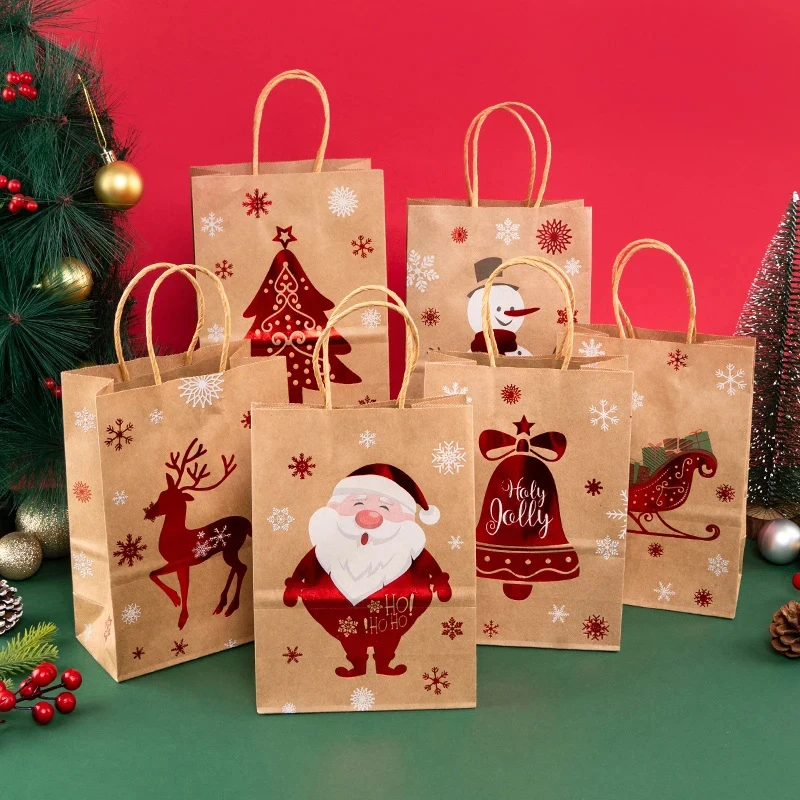 6pcs-Christmas Gift Tote Bags Christmas Eve Apple Packaging Gift Bags Foil Snowman Bells Santa Claus Moose Christmas Tree Pat