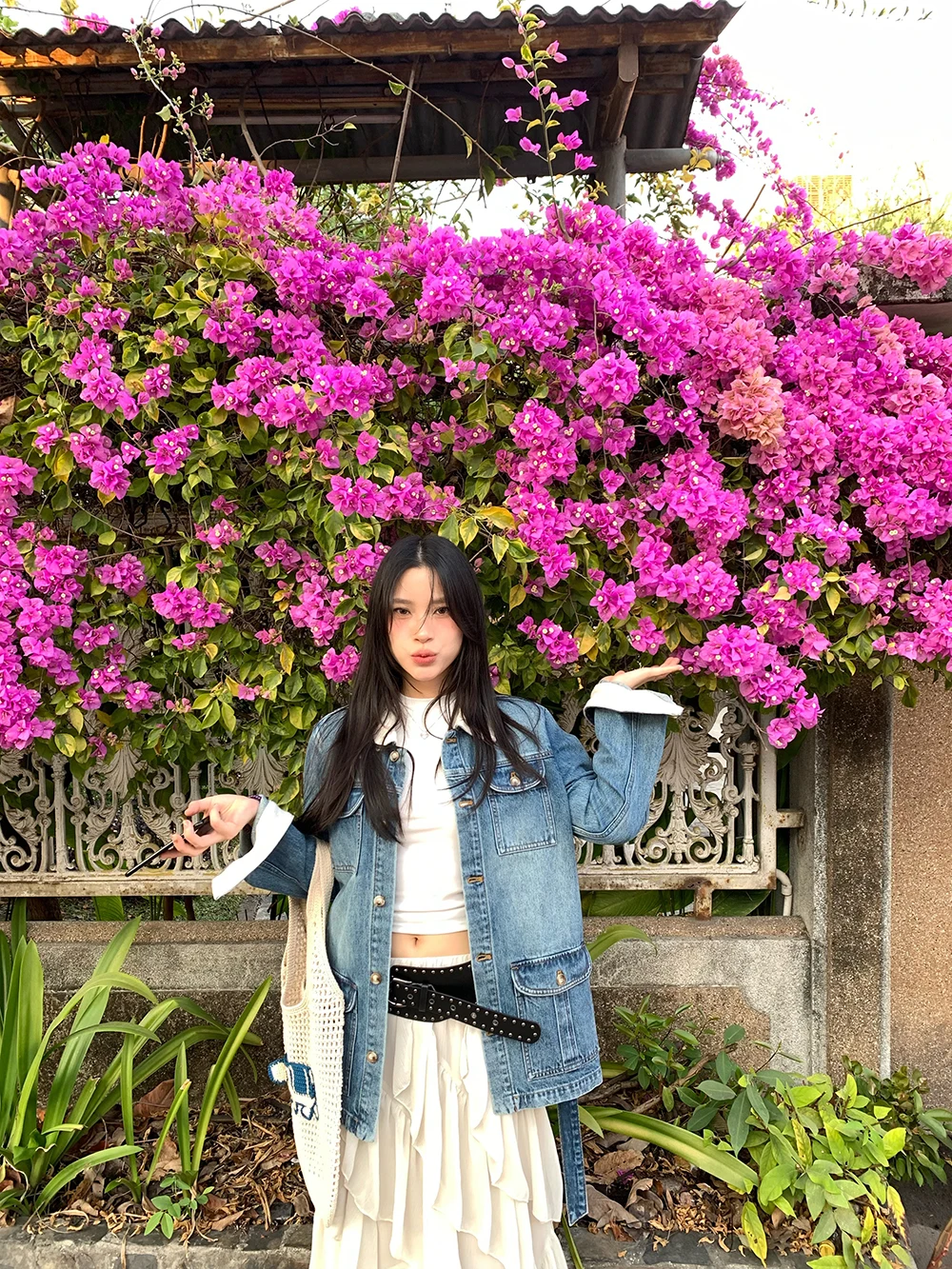 

Spring 2026 New Style Women's Linen Denim Jacket Collar Stand Mid-Length Coat Cleanfit Loose Fit Long Sleeve Button Closure