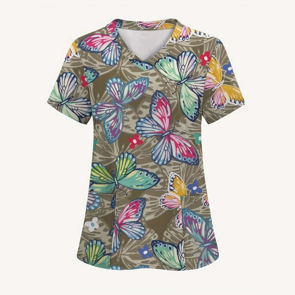 Women's Medical Uniforms Comforts V-Neck Floral Butterfly Print Scrub Tops Summer Short Sleeves Health Clinical Uniforms Woman
