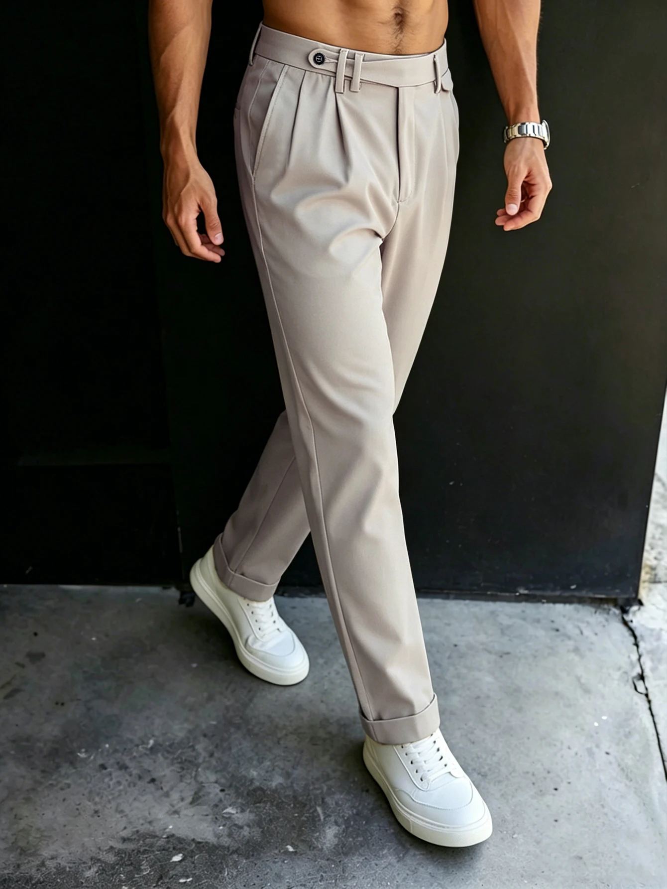 Herren Gurkha High-Waist Plissierte, Gekräuselte, Schmal Geschnittene, Kurze Anzughose, 100% Polyester Business Casual Beige Chino-Hose – Detail 6