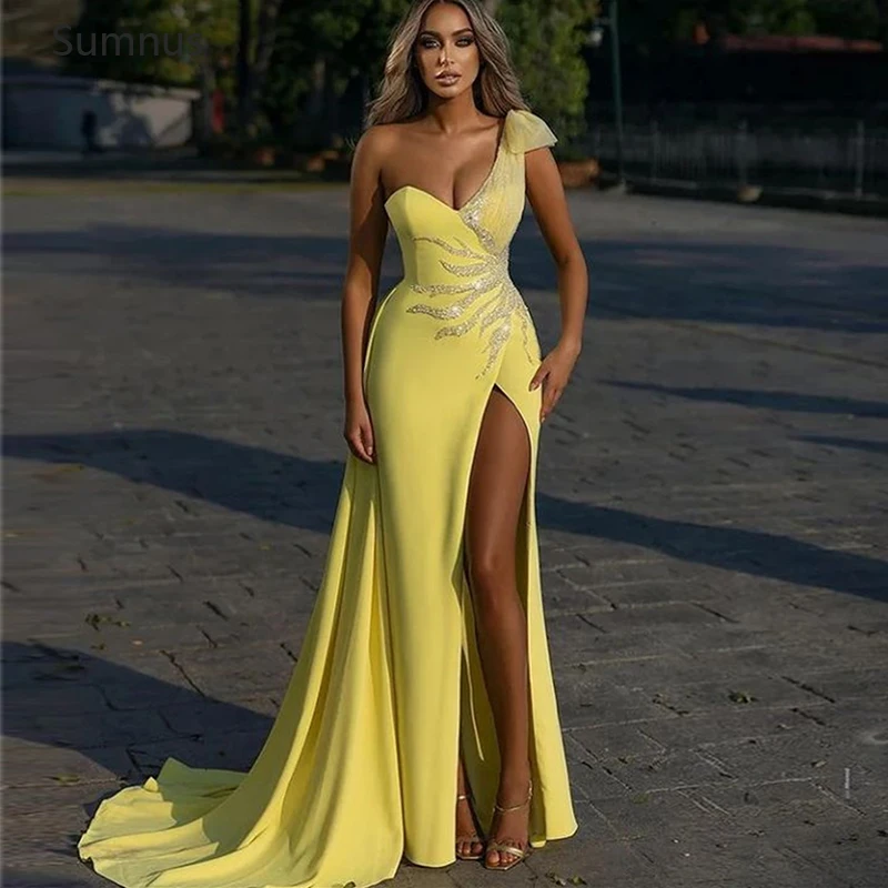 

Elegant Yellow Satin Prom Dresses One Shoulder Applique Side Slit Pageant Party Gowns African Abendkleider Robe De Soiree