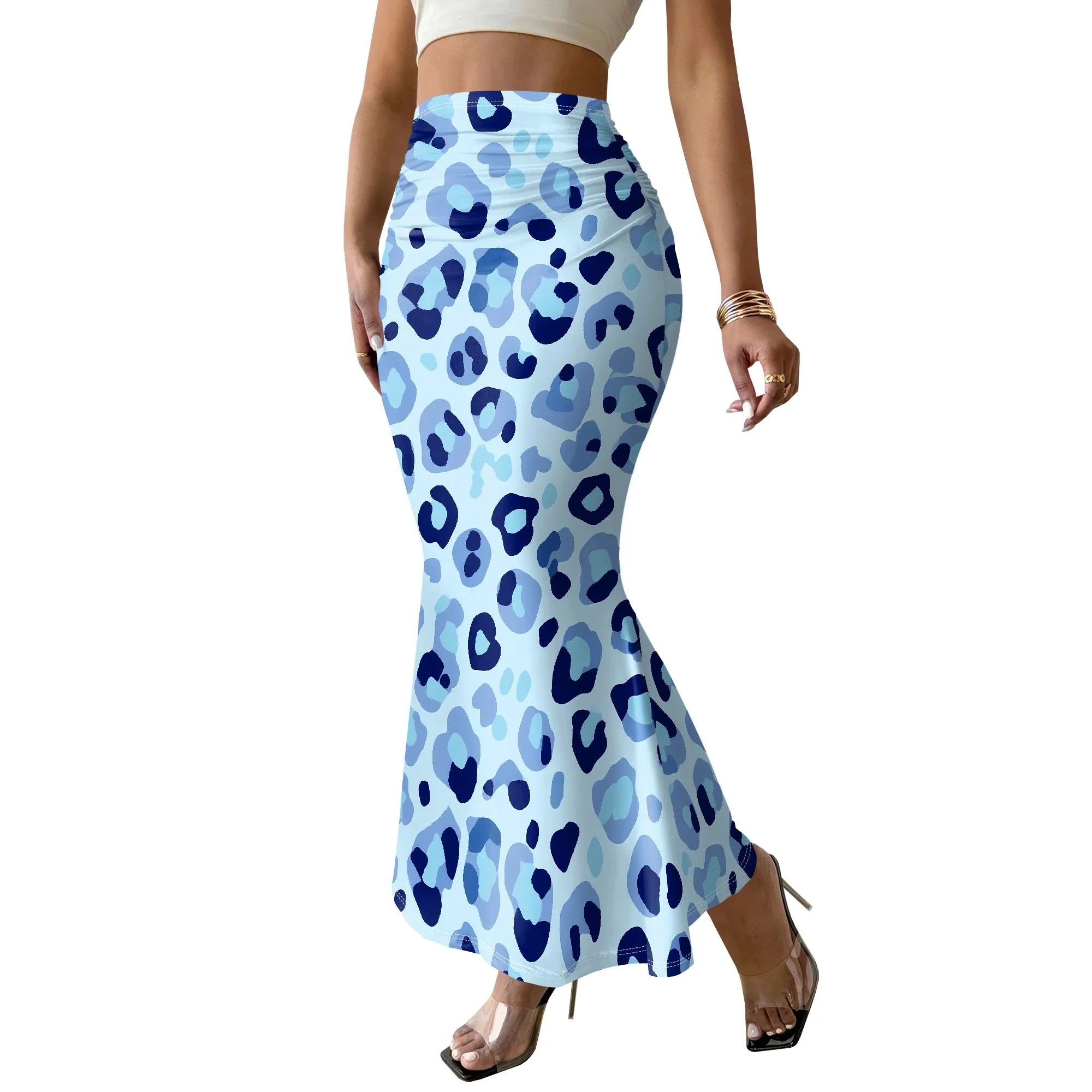 Blue Leopard Print Maxi Skirt, High Waist Bodycon Mermaid Hem, Summer Beach Vacation Wear, S-3XL