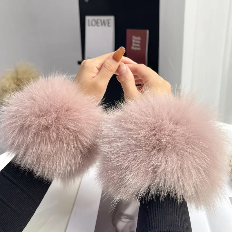 100% Real Fox Fur Cuffs Warmer Wrist Cuff Fur Sleeves For Women Fluffy Fur Wrist Cuffs  Coat Arm Cuffs Bracelet Wristband