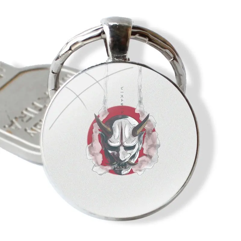 Japanese Samurai Oni Mask Keychain Handmade Glass Cabochon Key Ring Holder Pendant Key Chains