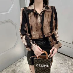 2023 Autumn Women's New Fashion Tie Dye Sexy Open Back Shirt Chain Long Sleeve POLO Neck Comfortable Versatile Top