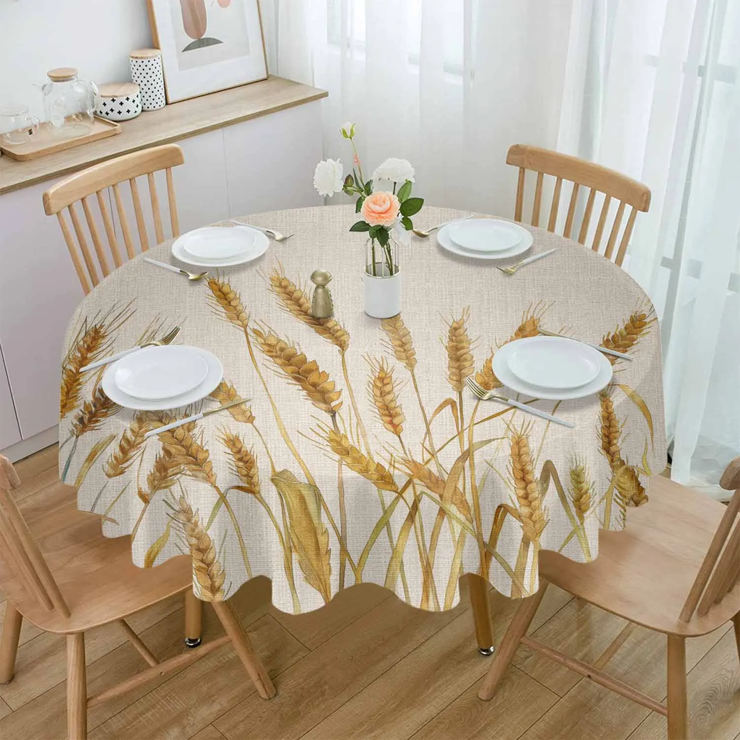 Autumn Hand Drawn Wheat Retro Round Table Cloth Festival Dining Tablecloth Waterproof Table Cover for Wedding Party Decor