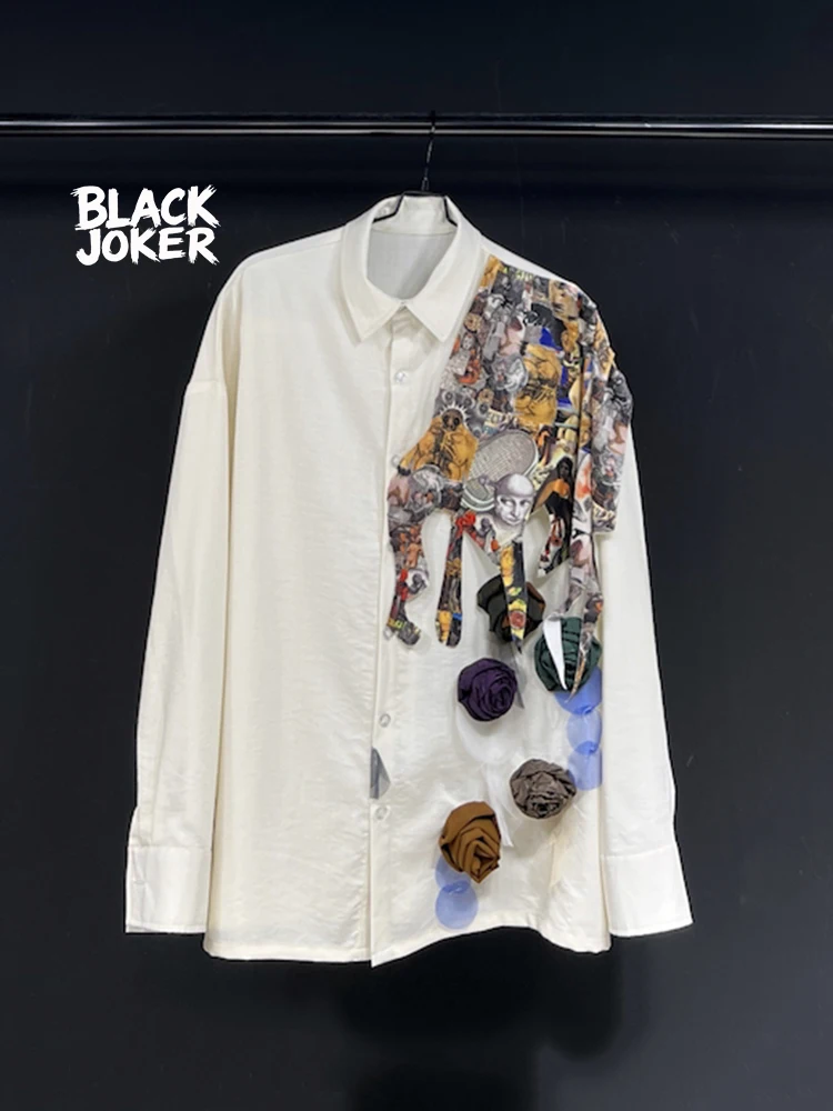BLACK JOKER Original design sense retro casual stitching shirt long sleeve white linen Unisex casual shirt