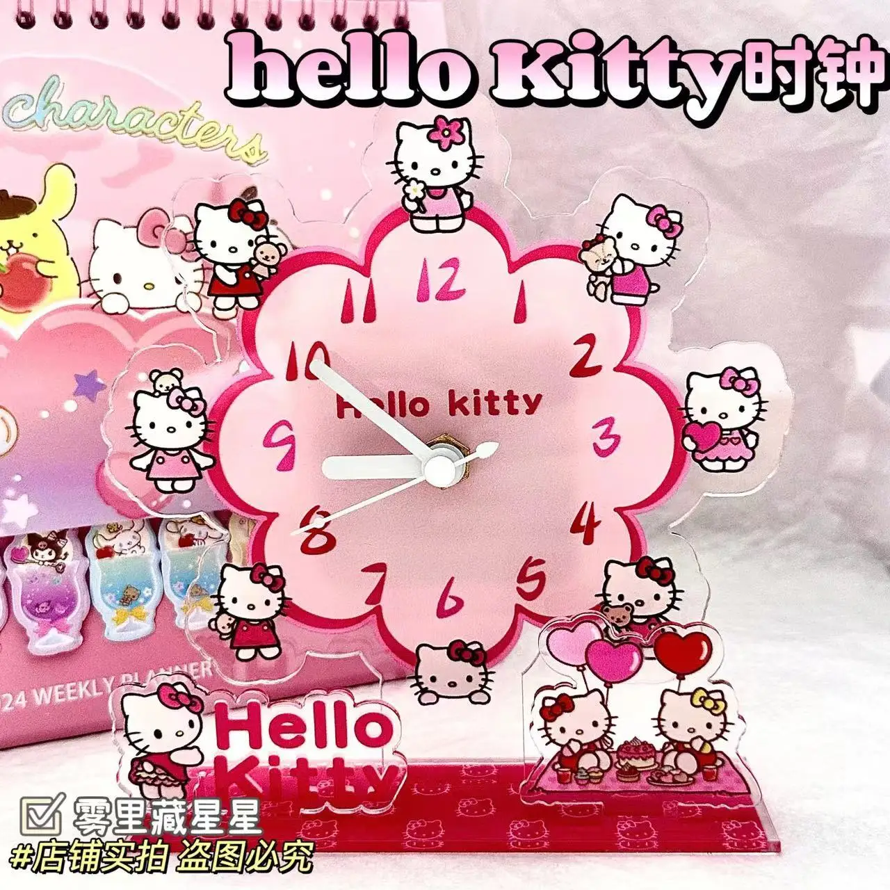 

Cute Sanrio Anime Hello Kitty Creative Acrylic Alarm Room Decoration Children's Kawaii Bedside Silent Smart Clock Girl Gifts