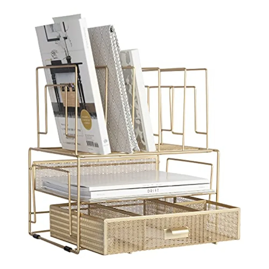 

Desk Organizer With Drawer Metal Mesh File Holder and Vertical File Organizer Desktop Storage for Office Supplies Papers and Fo