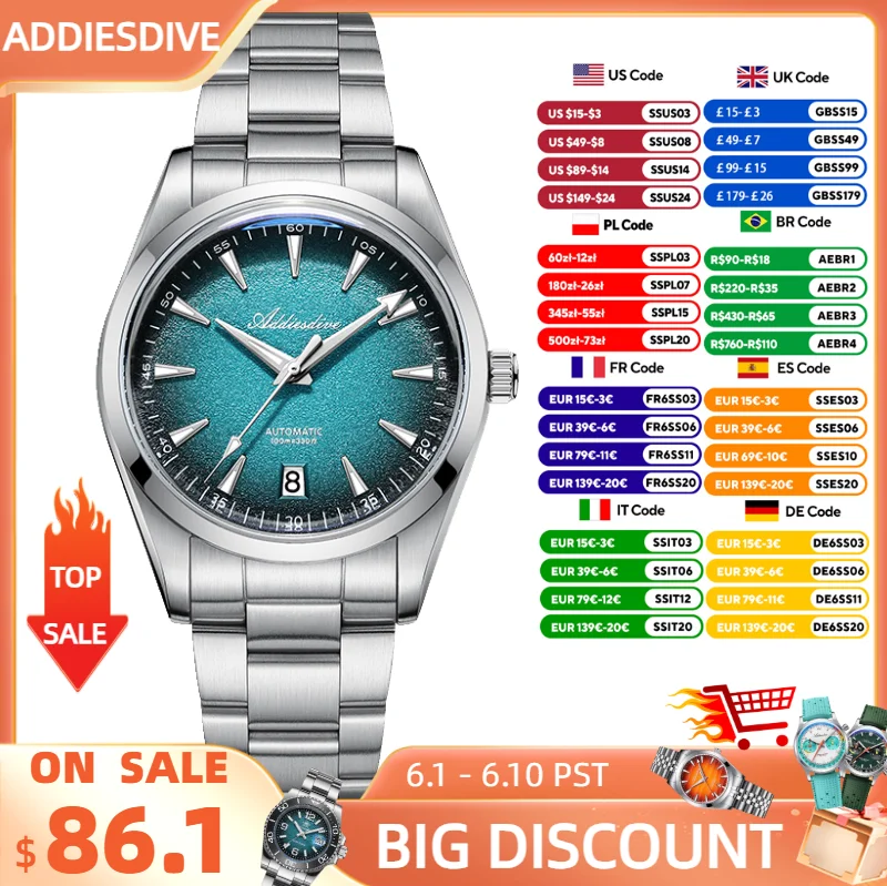 

ADDIESDIVE Men Automatic Watch New 39mm AR Coated Domed Glass Mechanical Wristwatch Luminous Sport Waterproof 200m