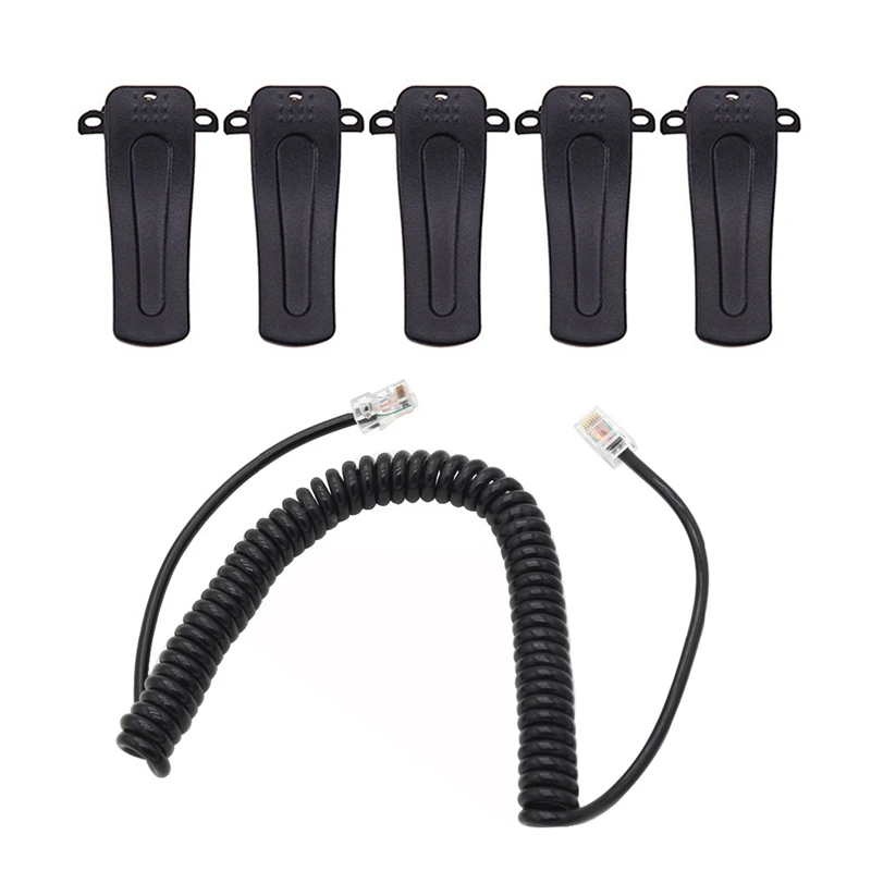 

6 Pcs Talkie Accessories Black: 1 Pcs 8Pin Microphone Cable Cord For Icom Mobile Radio Speaker & 5 Pcs Belt Clip For Baofeng BF-