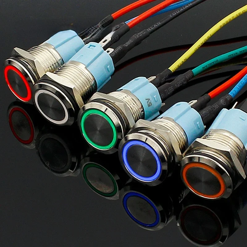 16mm czerwony niebieski żółty zielone białe światło najnowsza samochodowa automatyczny metalowy przełącznik przycisk zasilania LED typ zatrzaskowy On-off 3V 5V 12V 24V 220V