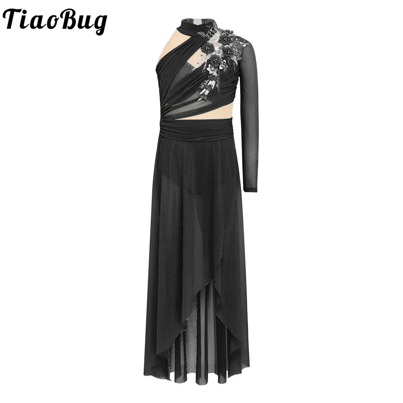 

Kids Girls Applique Lyrical Dance Dresses Figure Skating Dance Performance Costume Side Split Asymmetrical Hem Ruched Mesh Dress