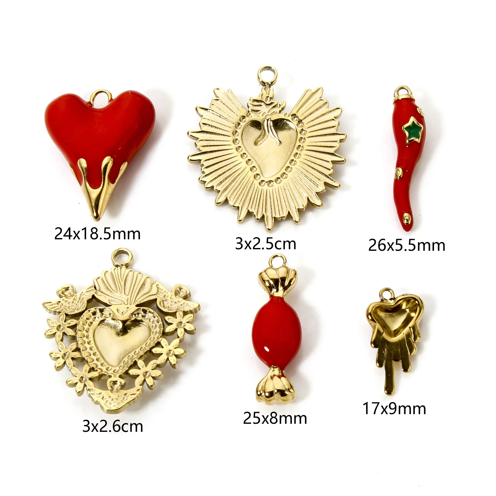 1pc Vintage Stainless Steel Charms Gold Color Heart Ex Voto Heart Red Emamel Pendant DIY Necklace For Women Jewelry Findings