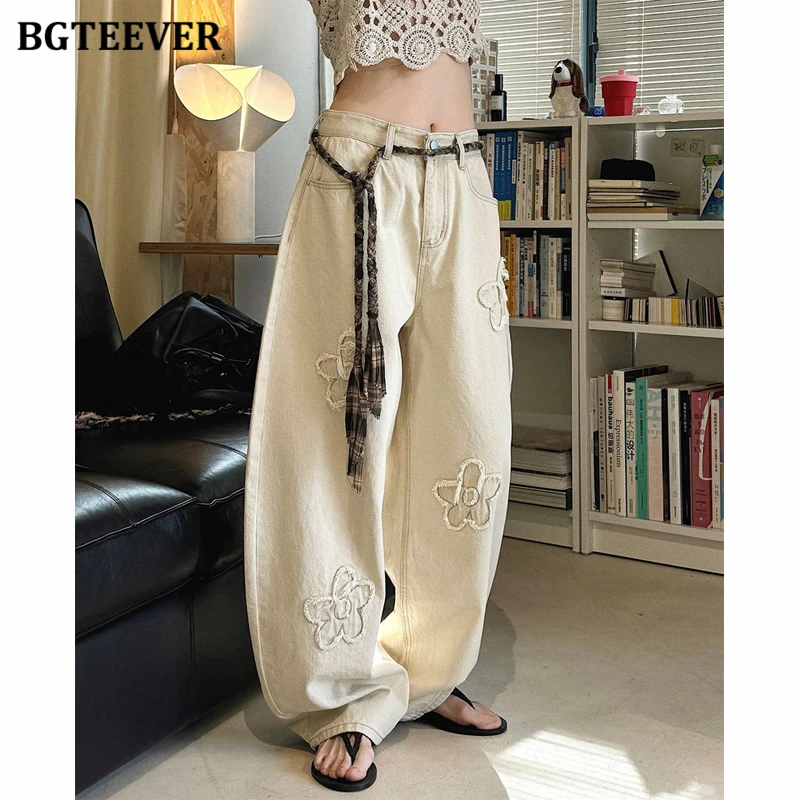 

Джинсы BGTEEVER в корейском стиле с цветочной вышивкой для женщин, джинсовые брюки с высокой талией, свободные, широкие, женские