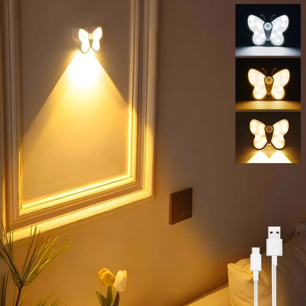 

Acrylic Butterfly Motion Sensor Night Light USB Rechargeable Dimmable LED Wall Lamp for Bedroom Living Room Stair Lighting