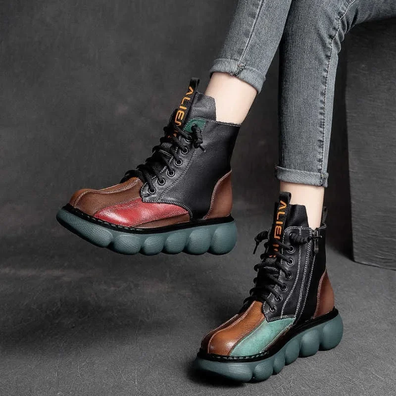 Women's Retro Ankle Boots Trend High Top Patchwork Chelsea Boot Mixed Color Thick Sole Leather Boots Luxury Side Zipper Boots