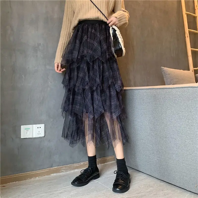 Wedbleser Elastic Waist Multi-layer Mesh Grid Splicing Cake Half Skirt 2025 New High Waist Slimming Mid Length Yarn Skirts