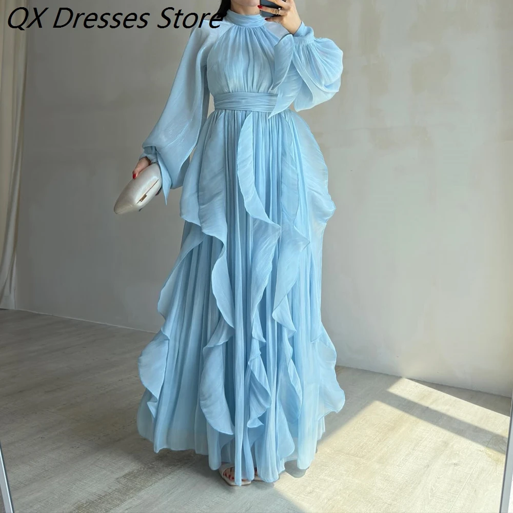 

Women's A-line Evening Dresses Ankle-length High-neck Full Sleeve Prom Dresses Fashion Ruched Simple Draped Customized Gowns