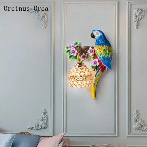 European style Creative Color Parrot Wall Lamp living rooml bedside lamp modern simple LED bird crystal wall lamp