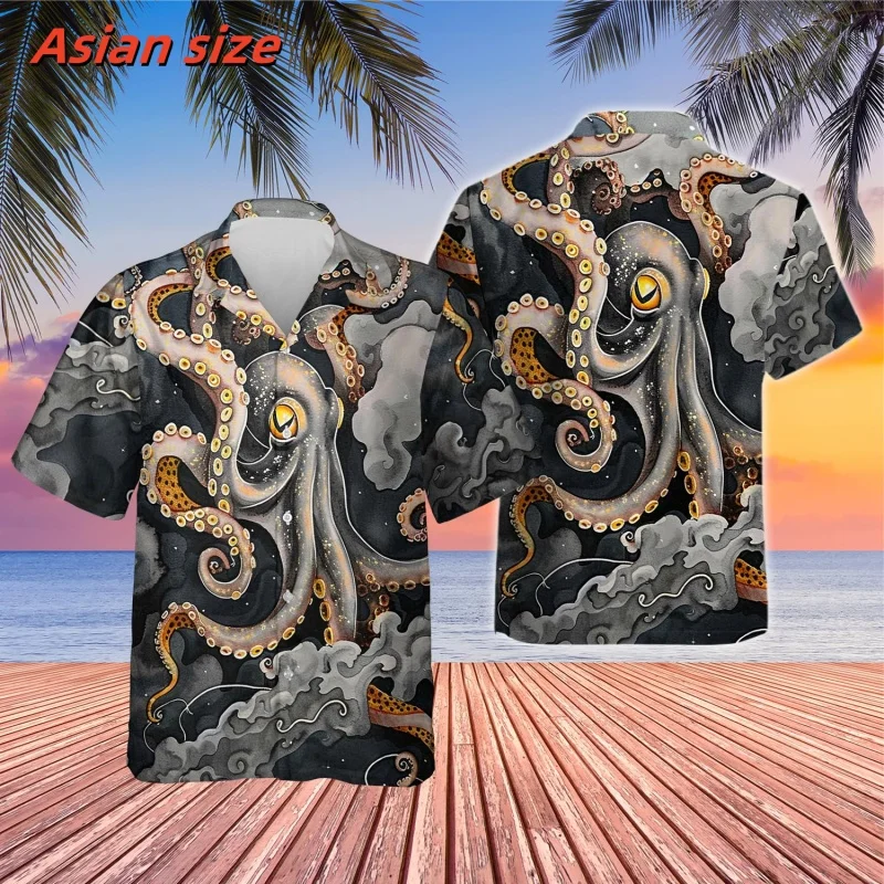 Mysterious Tentacle Pattern Hawaiian Shirt For Men Skeleton 3D Printed Blouse Summer Loose Short Sleeve Lapel Tops Aloha Shirts