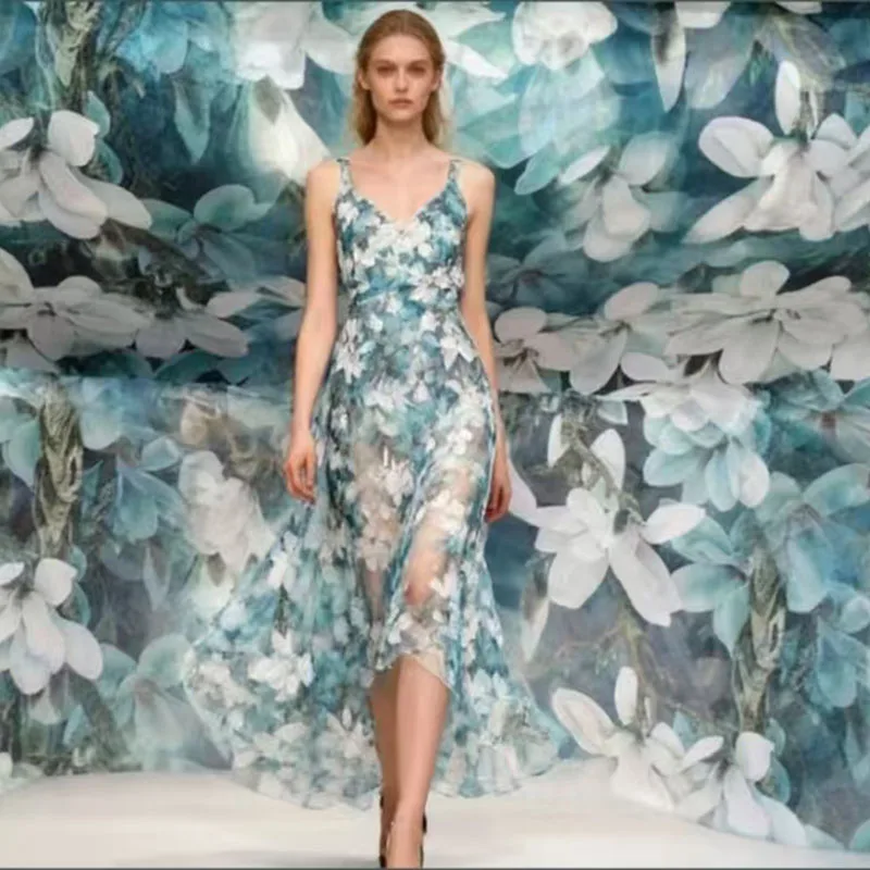 

Blue Peony Prints Real 100% Mulberry Silk georgette Fabric Summer Perspective Dress Diy Shirt Thin Fabrics Cloth Dress Per Meter