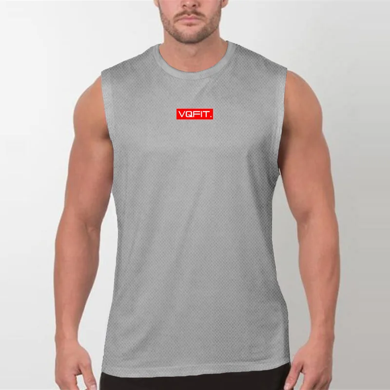Men's Sleeveless Running T-shirts with Big Logo Quick-drying Mesh Breathable Vest Round Neck Sports Shirt Sportswear Jogging Gym