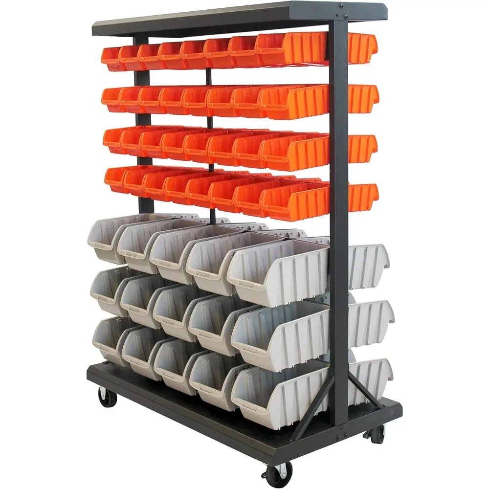 Drie-Eenheid Ecoopslag 6-Tier Dubbelzijdig Rollend Bakkenrek, 330 Pond Capaciteit, Omvat 94 Organizerbakken, 19.75 "X 35.5" X 48.5 ", Zwart