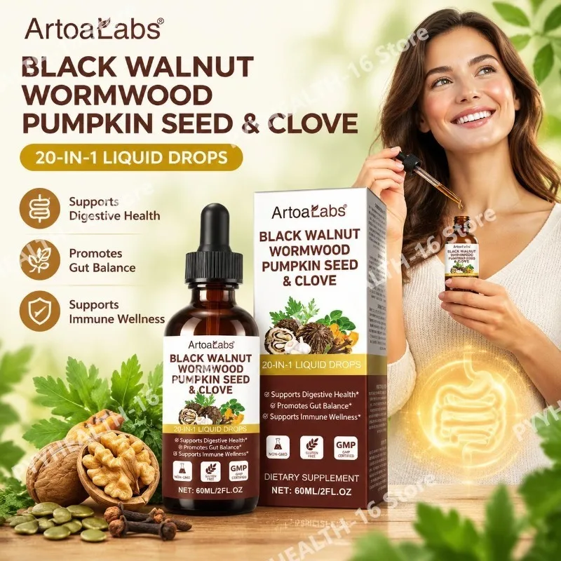 Black Walnut Wormwood Pumpkin Seed & Clove 20-IN-1 Liquid Drops Supports Botanical Digestive Health Gut Balance with FOS 60 ML