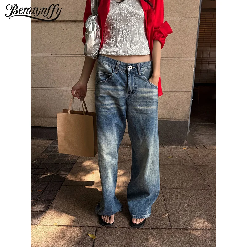 

Benuynffy American Style Distressed Jeans for Women 2026 Spring Summer New Y2k Street Retro Mid Waisted Loose Wide Leg Pants