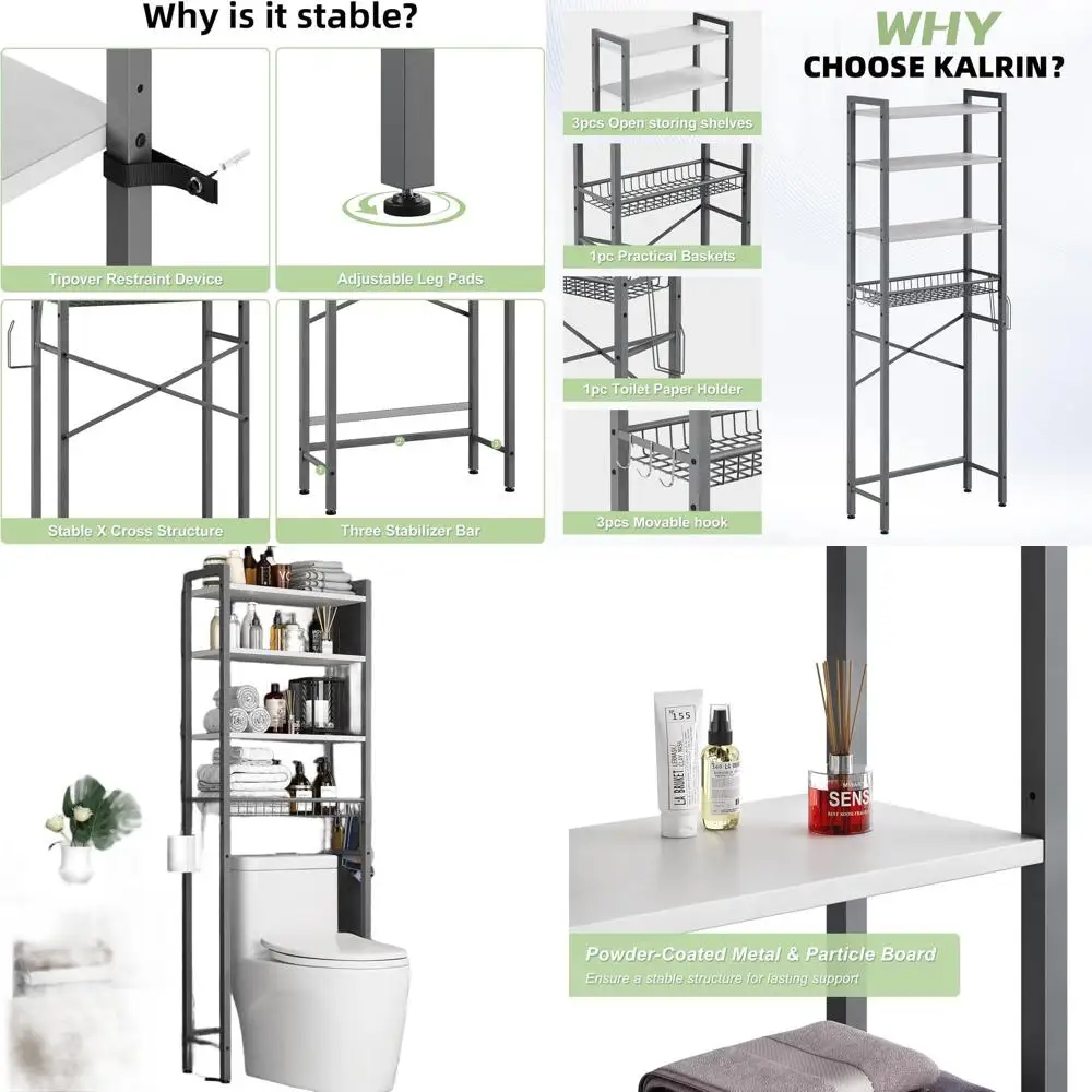 

4-Tier Over Toilet Storage Shelf, Adjustable and Basket-Included, Space-Saving Bathroom Organizer in Gray-White