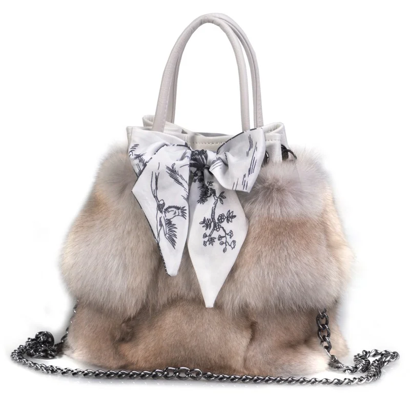 New Fashion Ladies Fox Hair Bucket Bag High-end Leather Large Capacity Shoulder Bag Elegant Dinner Tote Fur Bag 2023