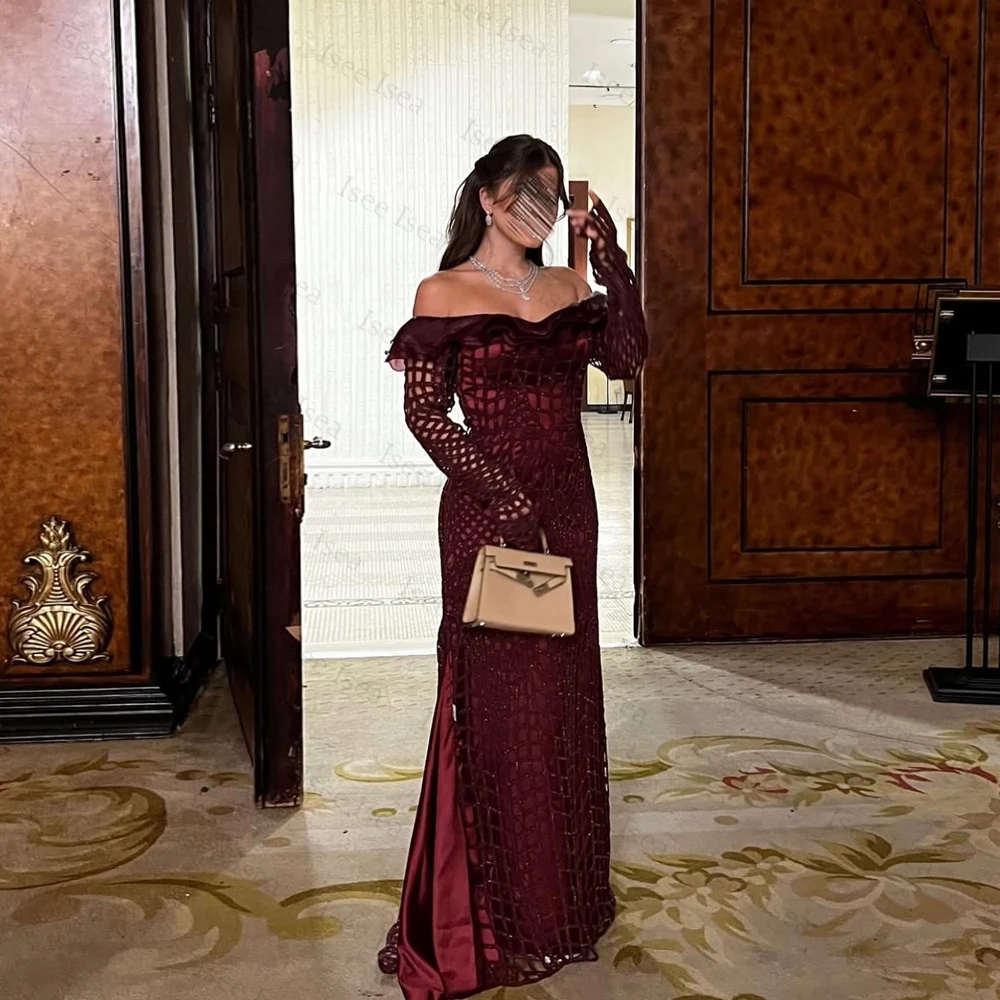 

Burgundy Beaded Evening Dress 2026 Off Shoulder Mermaid Saudi Arabia Long Dress فساتين سهرة Full Sleeve Customized
