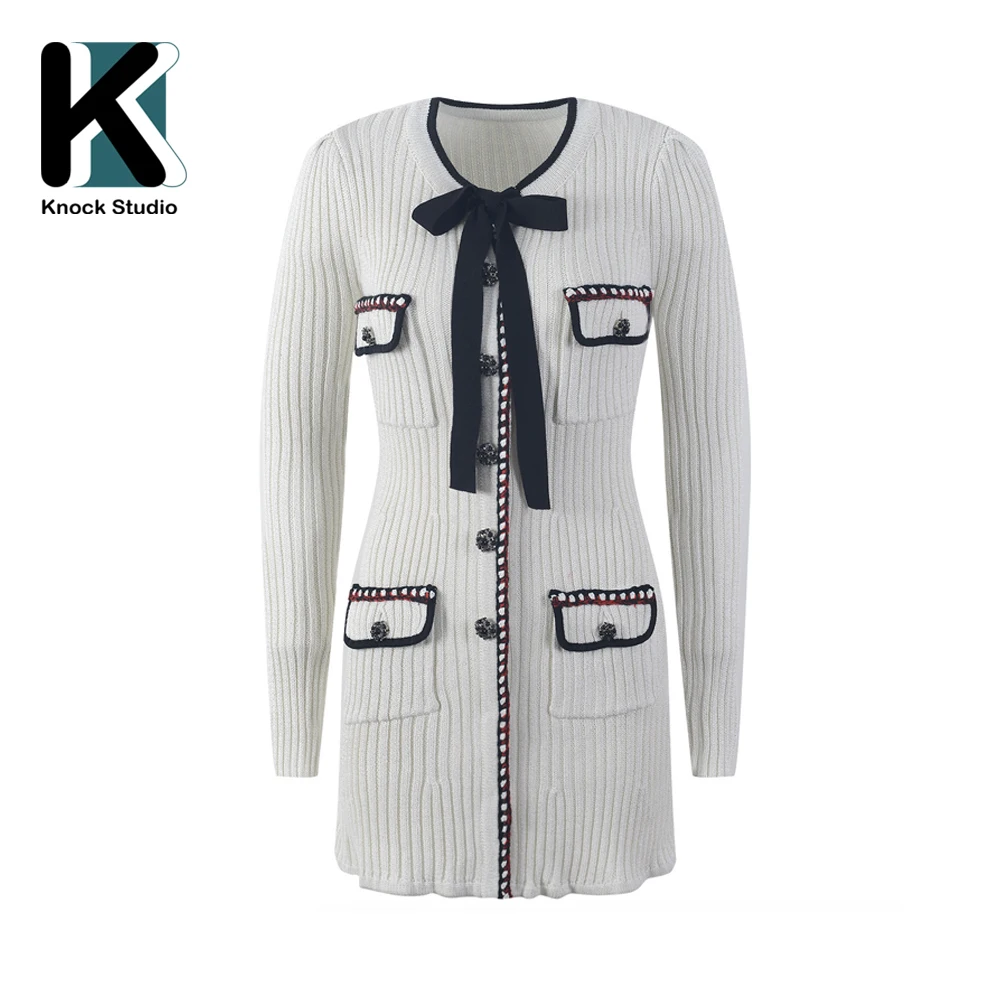 Knock New Winter Trendy Princess Fashion White Knit Dress for Women Diamond Bowtie Short Dress Elegant Clothing for Female