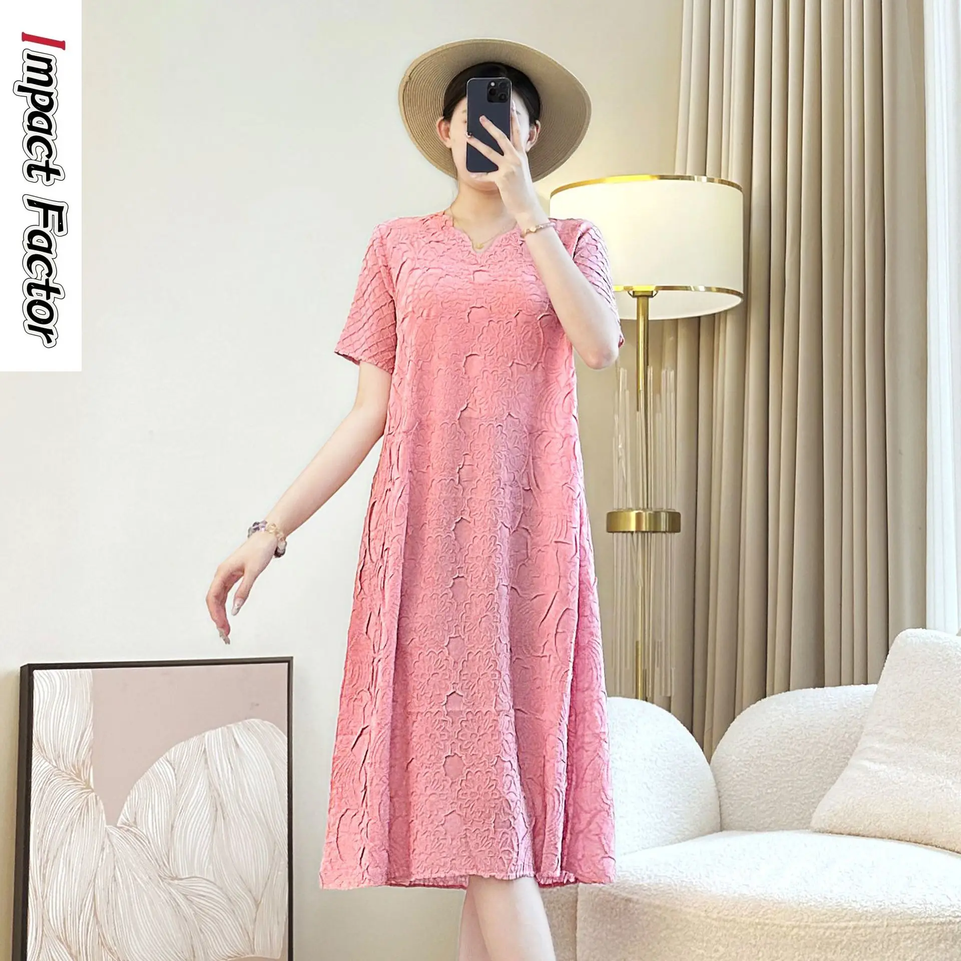 

Miyake Solid Color Simple Pleated Dress Women Fashion 2025 Summer New Round Neck Short Sleeve Loose Casual Long Dresses