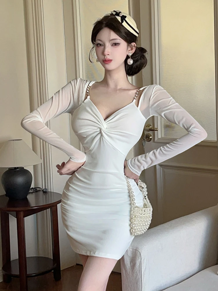 Ropa de mujer de malla transparente Sexy con tirantes y cuello en V pliegues ajustado Mini Vestido corto elegante señora Fiesta Club Vestidos de graduación moda Y2K nuevo