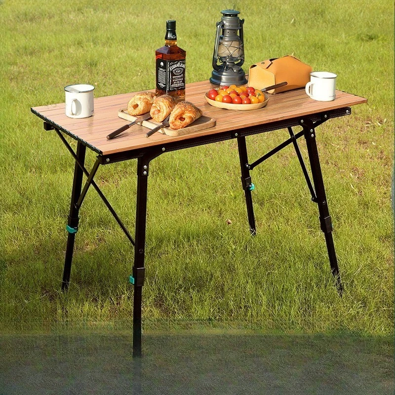 Outdoor Aluminum Alloy Folding Table Camping Supplies Picnic Portable Lifting Table Camping Wood Grain Chicken Rolls Table