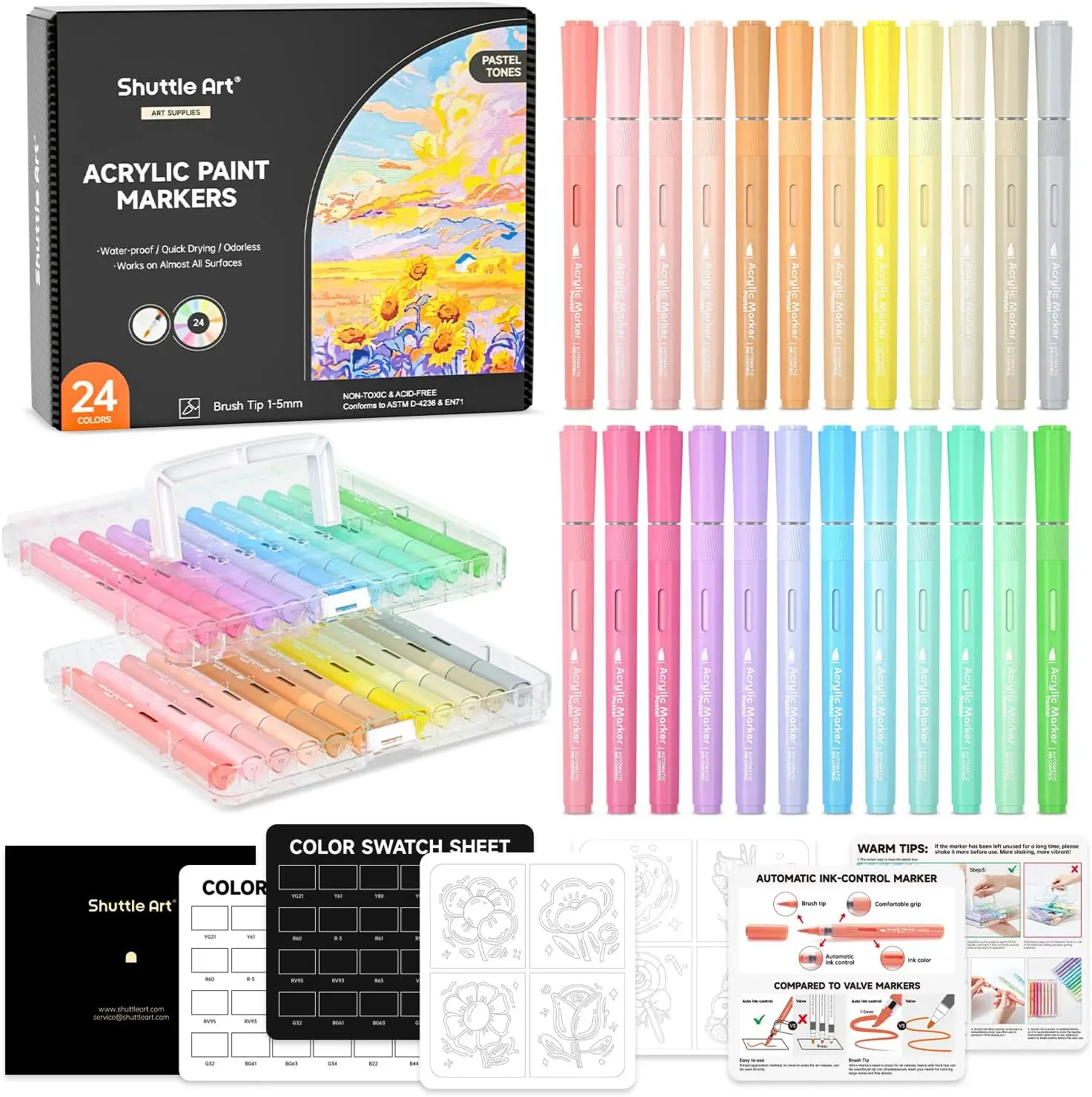 Shuttle Art Automatic Ink Control Acrylic Paint Markers, 24 Pastel Colors Brush Tip Acrylic Paint Pens for Rock Painting, Ceramic, Wood, Canvas, Glass, Stone, Fabric, Card Making, DIY Football Crafts