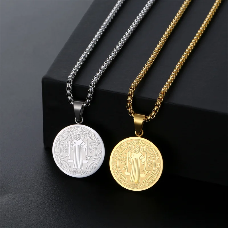 saint pendant necklace  Stainless Steel Saint Benedict Pendant Necklace For Men Women Religious Medal Accessories
