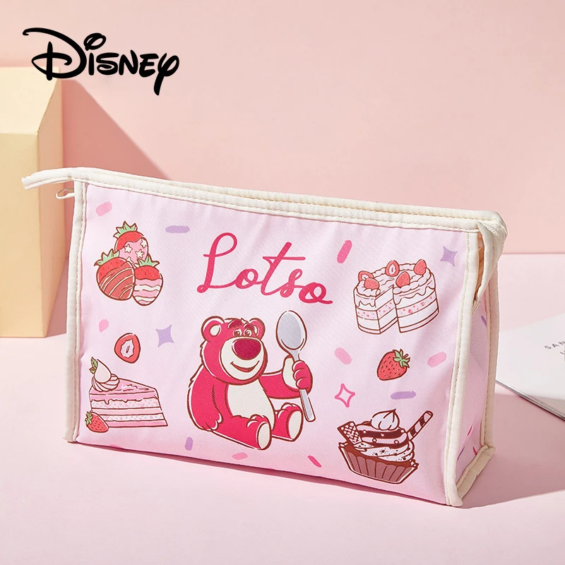 MINISO Disney Cartoon Cute Print Strawberry Bear Makeup Bag Travel Portable Storage Bag Multi functional Zipper Wash Bag