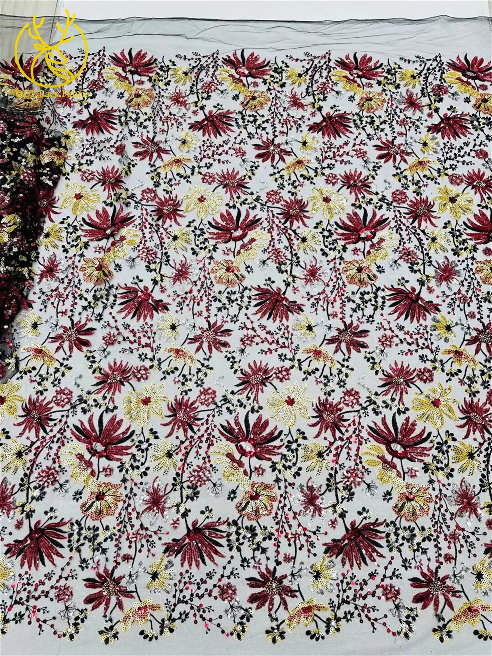 5 Yards des neuesten afrikanischen Pailletten bestickten Spitzenstoffs, hochwertiger französischer nigerianischer Mesh-Tüll-Spitzenstoff, Partykleid – Detail 8