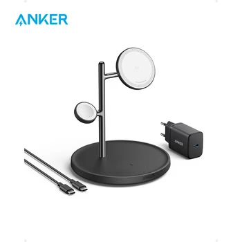 Anker MagGo 3-in-1 무선 충전 스테이션, Qi2 인증, 15W 무선 충전기, 아이폰 15/15 프로/14/13 애플 워치 에어팟용