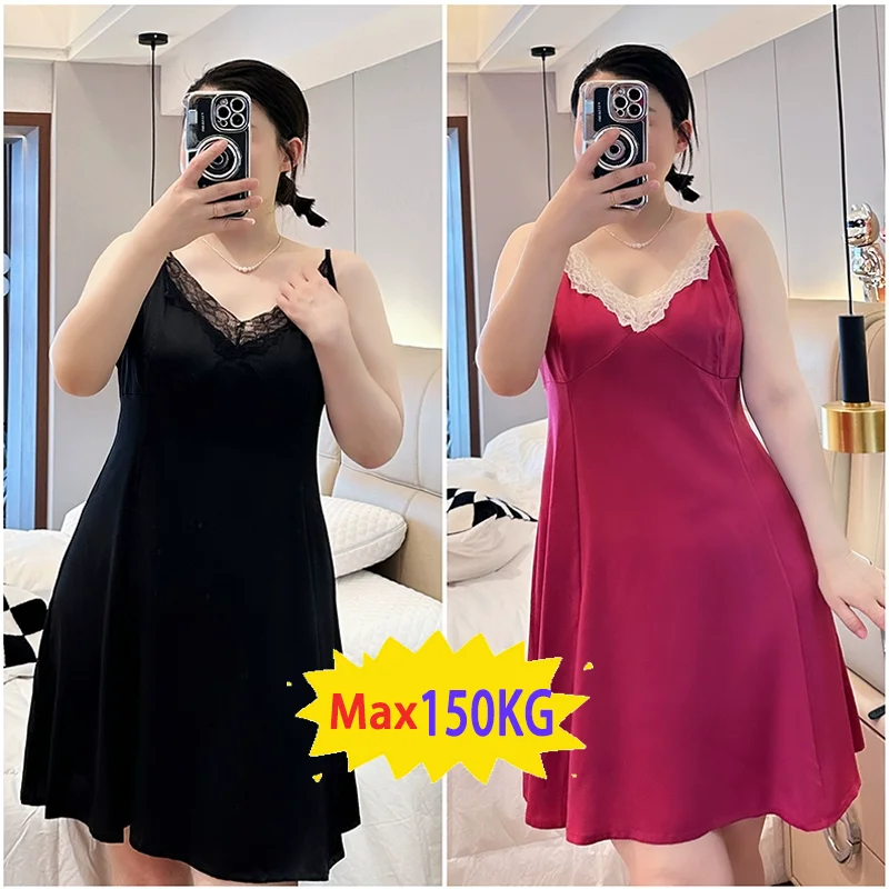 

New Plus Size Women Nightgowns V-neck Sleeveless Suspende Sexy Sleepwear Solid Color Paneled Lace Luxe Night Dress Summer Thin