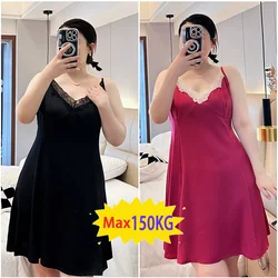 New Plus Size Women Nightgowns V-neck Sleeveless Suspende Sexy Sleepwear Solid Color Paneled Lace Luxe Night Dress Summer Thin